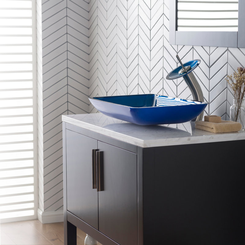 Fire Blue Glass Rectangular Vessel Sink with Chrome Faucet