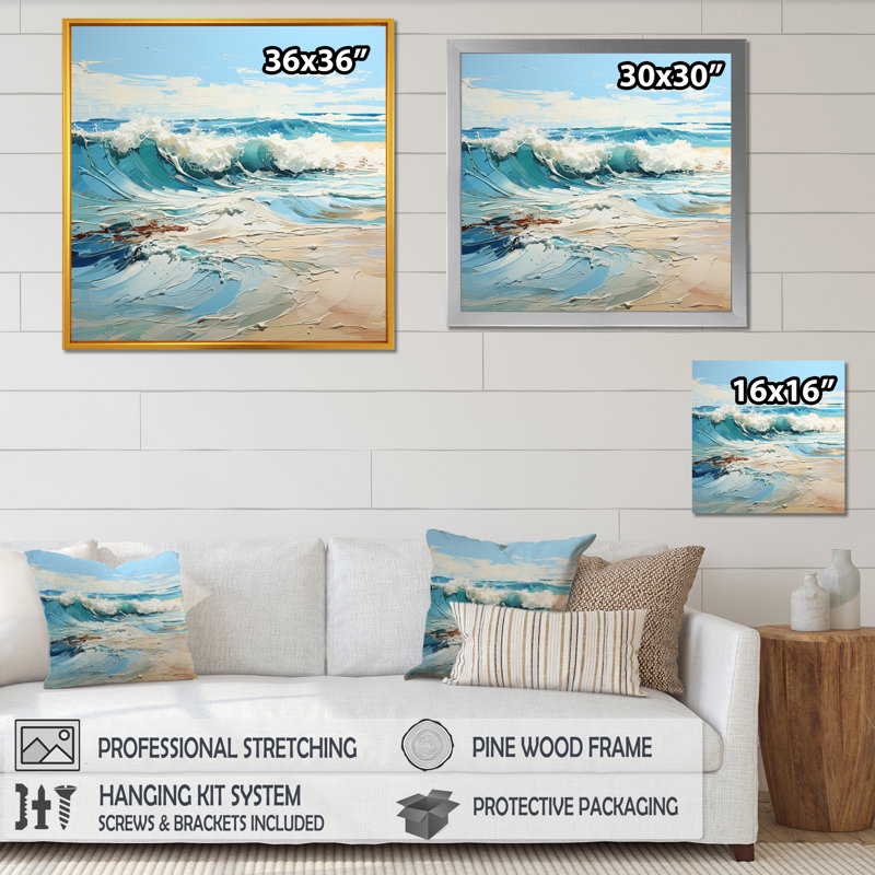 Bleu et blanc Simplicity Beach I - art mural de vagues côtières pour le salon, Toile tendue, H 36 po x l 36 po x P 1,5 po