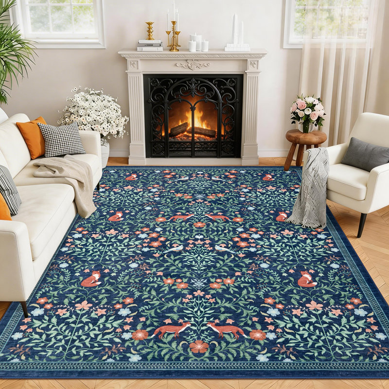 Tapis floral lavable à la machine avec envers en caoutchouc durable pour le salon, Blue, Rectangle 10' x 13'