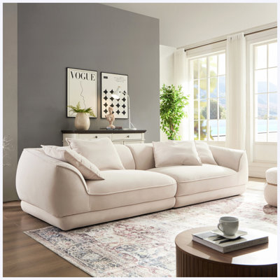 Beige Nordic Modern Sofa, Removable Pillowcase Flannel Fabric Sofa with Solid Wood Frame & 4 Throw Pillows