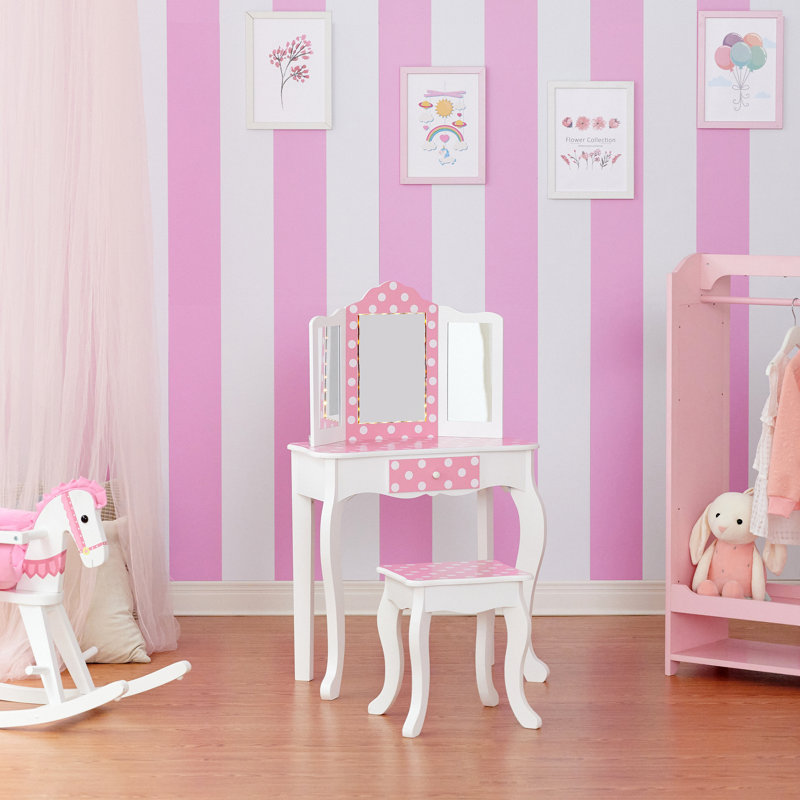  Kids Dressing Table Set with Mirror, Pink/White