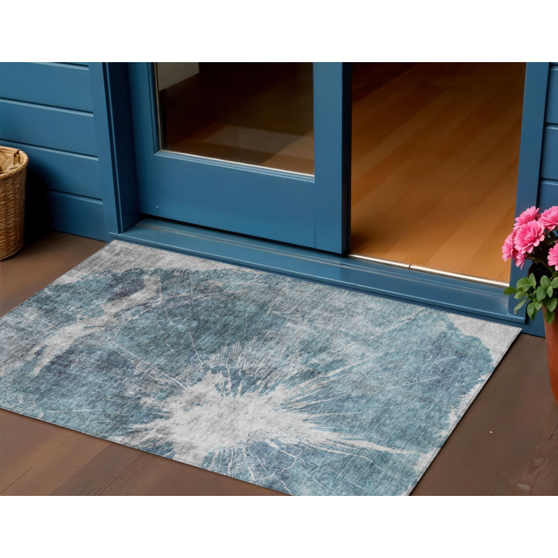 Tapis d'extérieur lavable abstrait bleu sarcelle, bleu marine et gris HomeRoots 3 pi x 5 pi