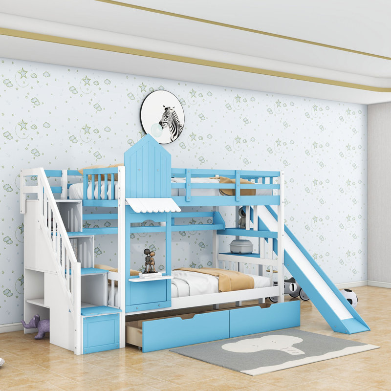 Hannu 2 Drawers Bunk Bed with Storage Stairs, Slide and Bookcase, Blue, Twin over Twin