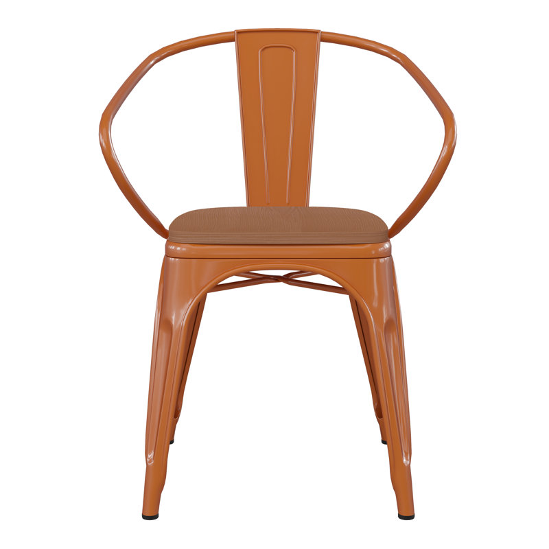 Briceidy All-Weather Metal Stack Chair with Arms and Poly Resin Seat, Teak, Orange
