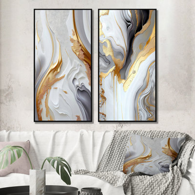 " White And Gold Marble Abstract I " by Designart 2 - Pieces