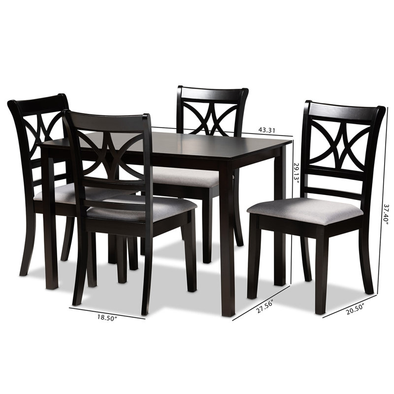 Laurence 5-Pc Solid Wood Dining Set in Grey Fabric Upholstered, 37.4'' H X 18.5'' W X 20.3'' D, Gray