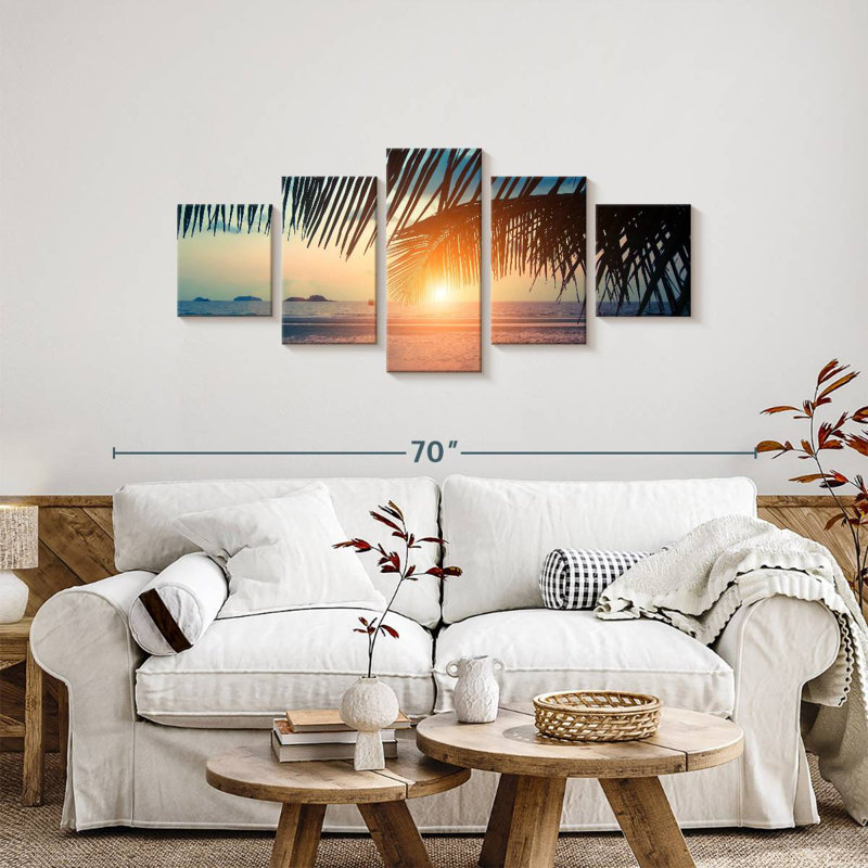 Coucher de soleil sur les feuilles de palmier azaline, H 24 po x l 55 po
