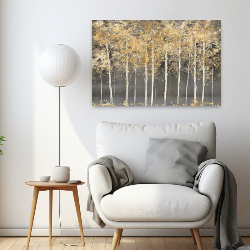 Forêt dorée abstraite sereine, art d'automne contemporain, H 24 po x l 36 po