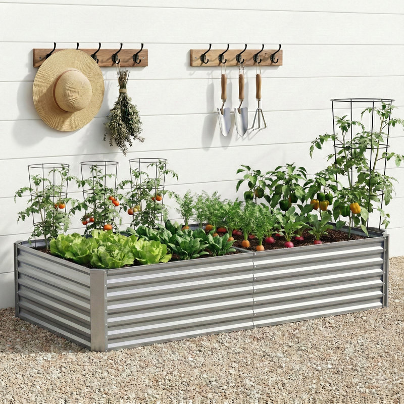 Oretha Outdoor Ground-Level Planter Box With Galvanized Steel Frame, Open-Ended Base Garden Bed For Yard, Silver