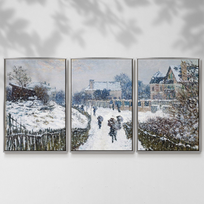 Boulevard St.Denis, Argenteuil, effet de neige, 1875, peinture sur toile 3 pièces, Encadrement argenté, H 24 po x l 48 po