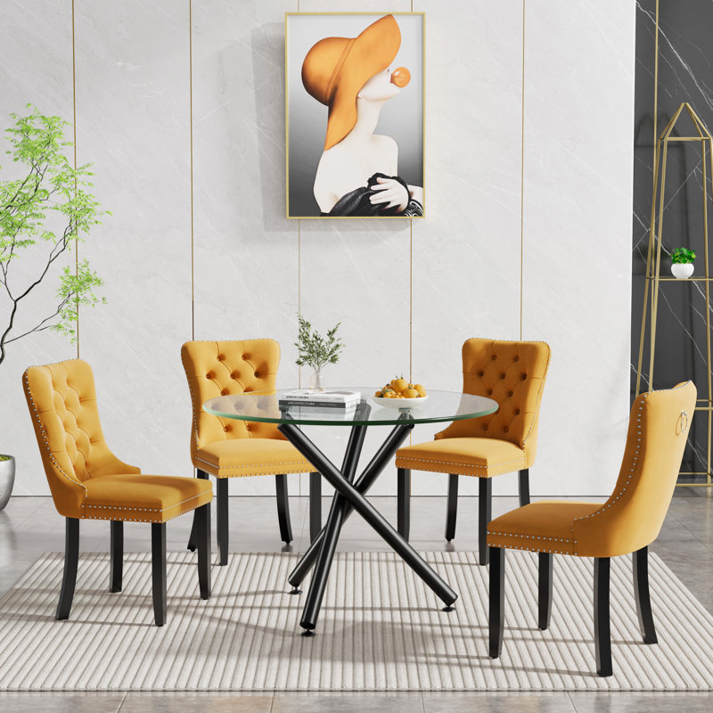 36" Glass Dining Room Table Set for 4, 5-Piece Round Black Dining Table with Metal Legs,  4pcs Velvet Upholstered Chairs with Wood Legs, Glass Kitchen Table and Chairs Set
