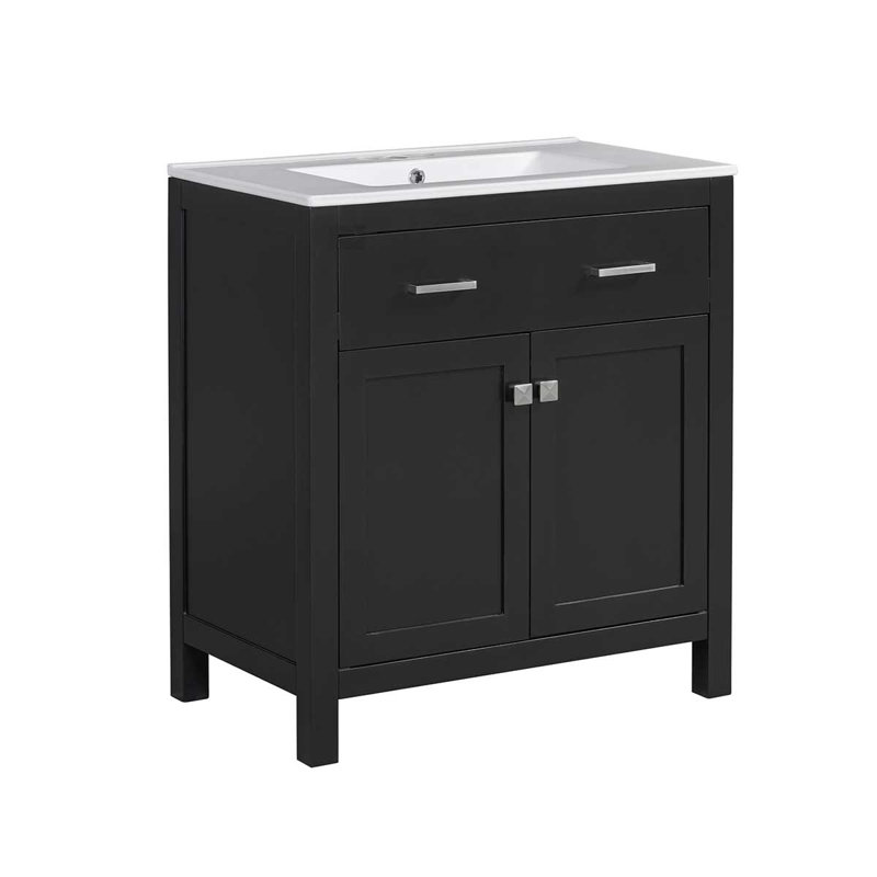 Meuble-lavabo moderne de 30 po avec lavabo en céramique, armoire de salle de bain avec 2 portes et une tablette, Noir