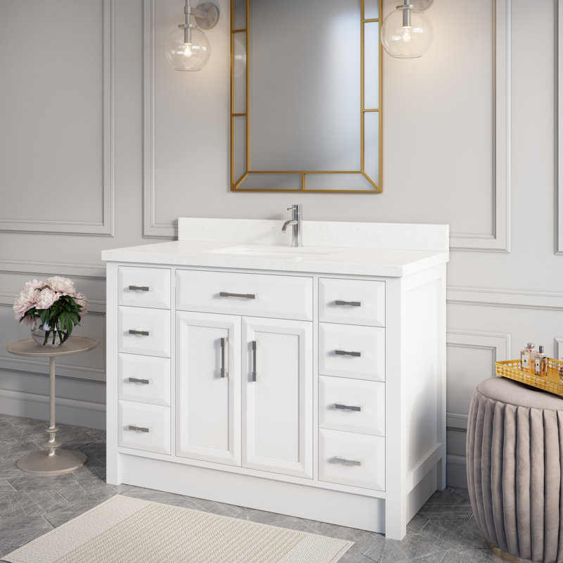 Capri Solid Wood 48" W x 22" D Single Sink Bathroom Vanity with Engineered Stone Top, Drawer Organizer, Undermount Ceramic Sink, Pre-Assembled (White) 