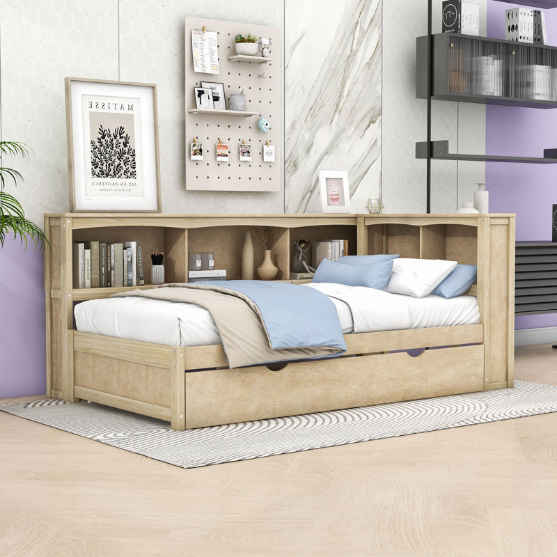 Lit de jour simple avec couchette simple, tablettes de rangement et ports USB, Bois