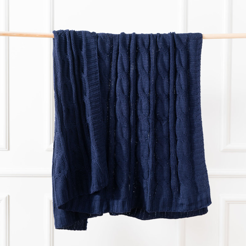 Soft Knitted Dual Cable Throw, Navy