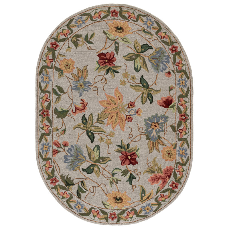 Sapin Hand Hooked Wool Floral Rug, Oval 4'6" x 6'6"