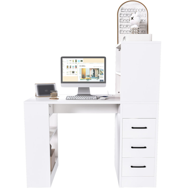Bureau moderne blanc avec 4 niveaux de rangement et surface de travail lisse