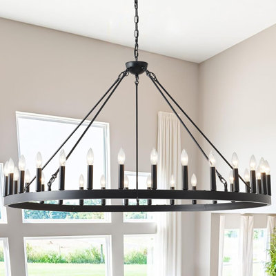 Grand lustre en forme de roue de chariot noir avec 30 lumières, hauteur réglable, à intensité variable, plafonnier industriel de style campagnard pour le salon, la salle à manger, le vestibule, le porche et les hauts plafonds