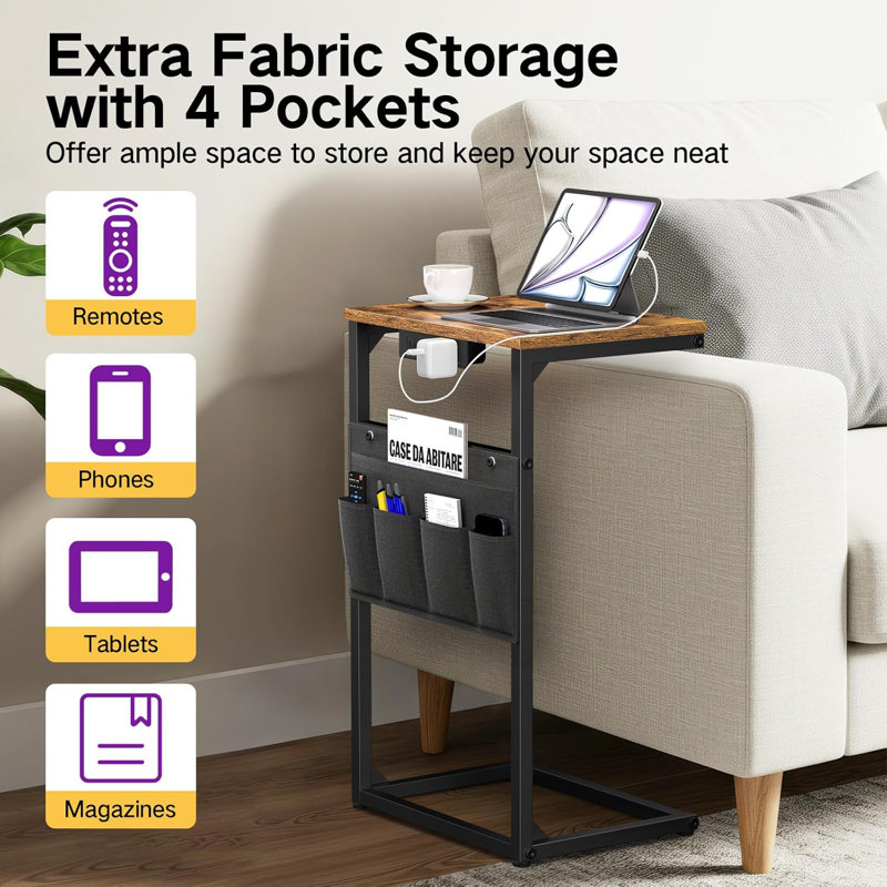 27“ C shaped Side Table with Charging Port, Small End Table with LED Light & Storage Bag,Nightstand for Living Room