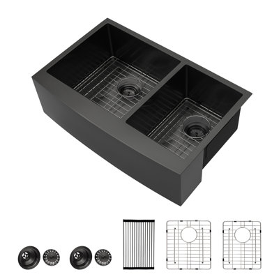 Évier de cuisine en acier inoxydable à tablier frontal à double cuve 60/40 L 33 po x l 21 po