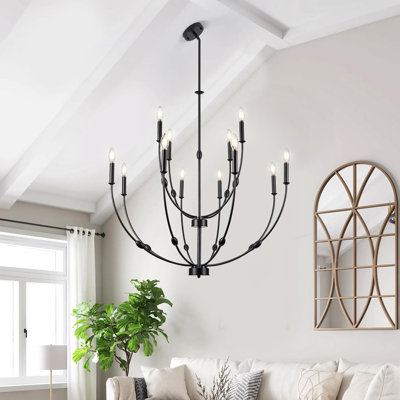 Lustre noir moderne à 12 lumières pour plafonds hauts, luminaire suspendu rustique réglable à deux niveaux pour salle à manger, vestibule, vestibule, couloir, cuisine, salon