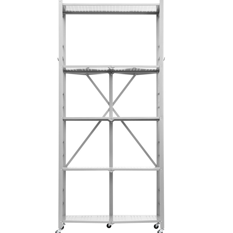 Gris 5 tablettes pliantes avec 5 roulettes pivotantes 2 freins sans assemblage Installation rapide Q235a Support en acier de 200 lb à 360 ° pour une utilisation à l'extérieur et des espaces restreints Structure en carbone Facile à déplacer sur les planchers de tuiles