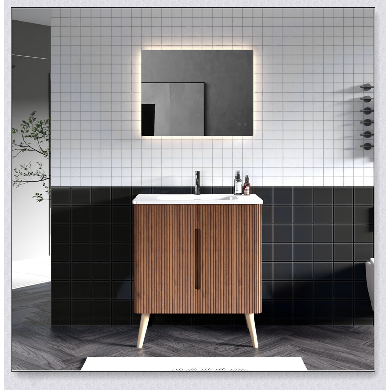 Meuble-lavabo autoportant en noyer rayé de 30 pouces avec lavabo et rangement spacieux, parfait pour les salles de bain modernes et élégantes