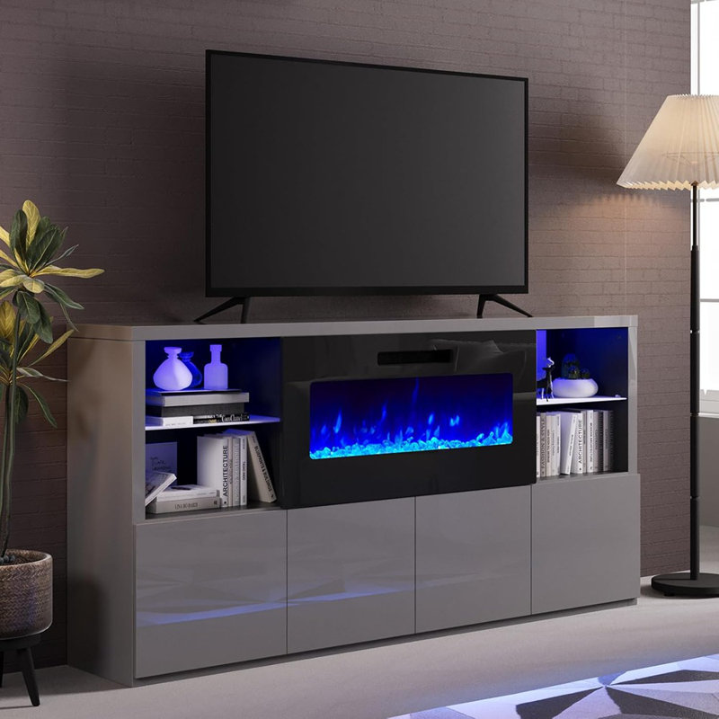 Meuble télé moderne avec foyer à DEL ultrabrillant avec lumières DEL et tablettes réglables en verre, gris - Meuble télé avec foyer / bois / moderne