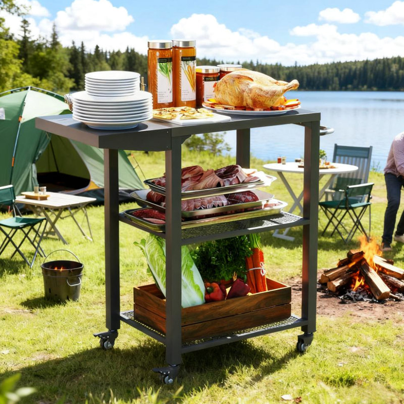 Chariot de barbecue pliable pour table d'appoint, plateau en acier inoxydable, trois crochets et deux tablettes grillagées, convient pour servir H 31,1 po