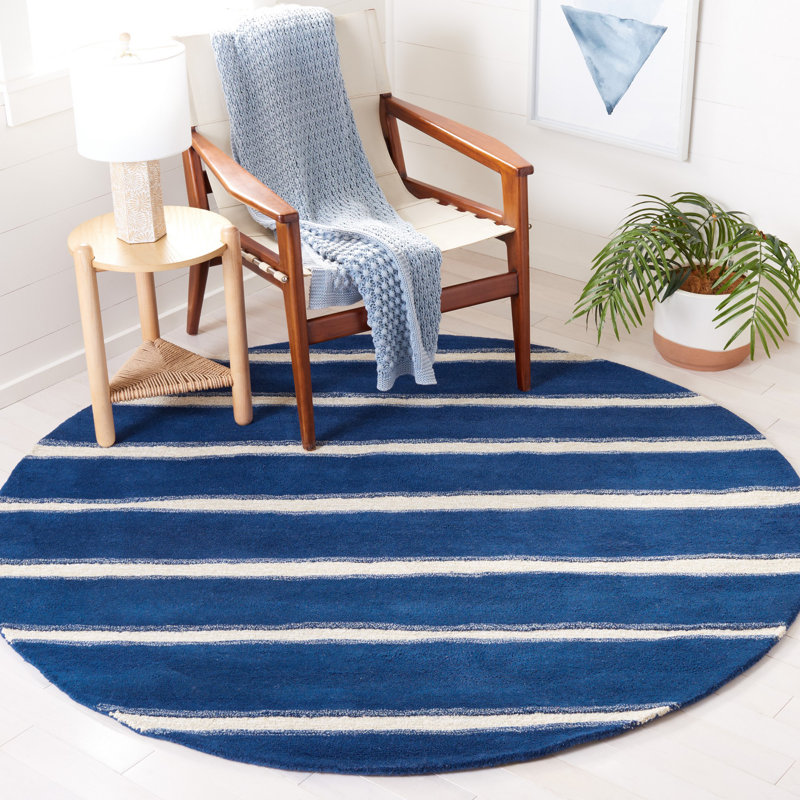 Gonde Hand Tufted Wool/Viscose Striped Rug in Navy, Round 6'