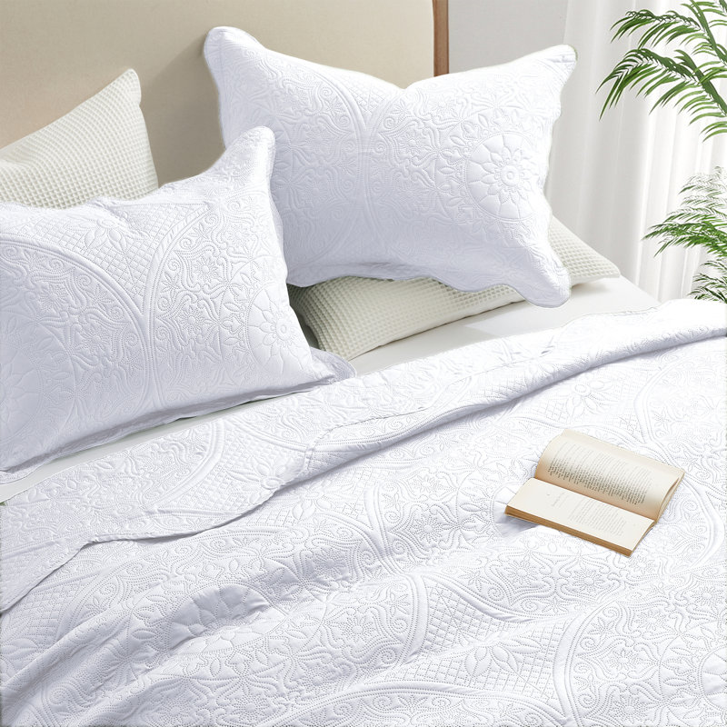 Ensemble de couvre-lit matelassé réversible léger toutes saisons avec taies décoratives, Blanc