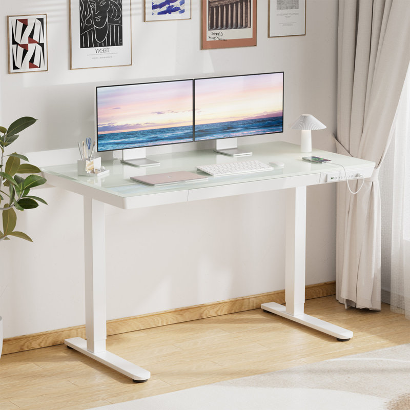 Bureau d'ordinateur à hauteur ajustable Flavio avec tiroir et ports USB et Type-C pour le bureau personnel, Transparent/blanc