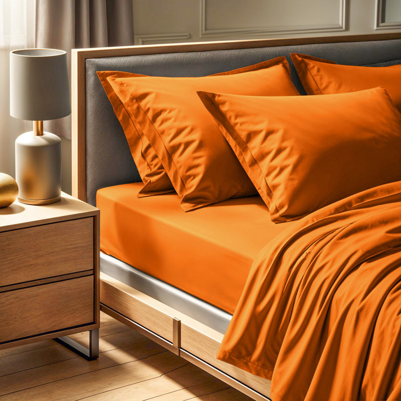 Premium Ranforce Single Small Fitted Sheet, 38 x 75 + 11.8 Deep Pocket, 100% Cotton, 155 Thread Count | Bright Orange Color, Machine Washable, Soft & Breathable | Ideal for Comfortable Sleeping Experience