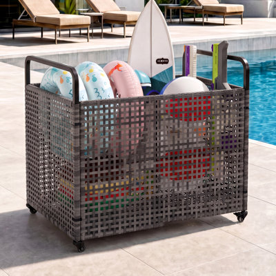 Banc de rangement extérieur en rotin PE 33 pouces avec panneaux en filet et roues verrouillables, organisateur de rangement de piscine résistant aux intempéries pour flotteurs et jouets