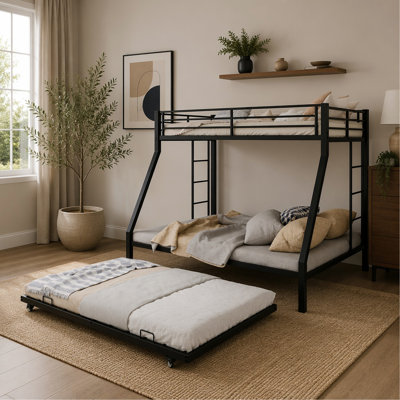 Lit superposé triple en métal avec lit gigogne simple et double - Structure en acier robuste, finition noire moderne, conception peu encombrante, idéal pour les enfants et les chambres d'amis - Poids maximal: 400 lb