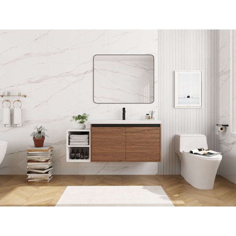 Ensemble de meuble-lavabo mural 48 po avec lavabo de comptoir en résine, 1 tablette de rangement, 2 portes à fermeture douce (KD-Packing)