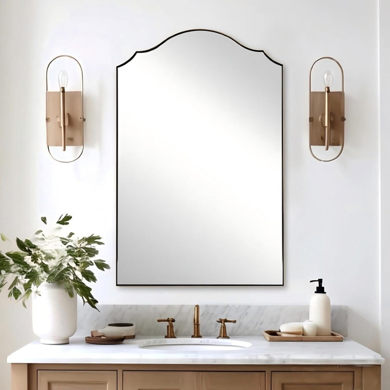 Scalloped Arch Bathroom Vanity Mirror with Curved Top | Stainless Steel Frame, 36" x 24", Brushed Gold