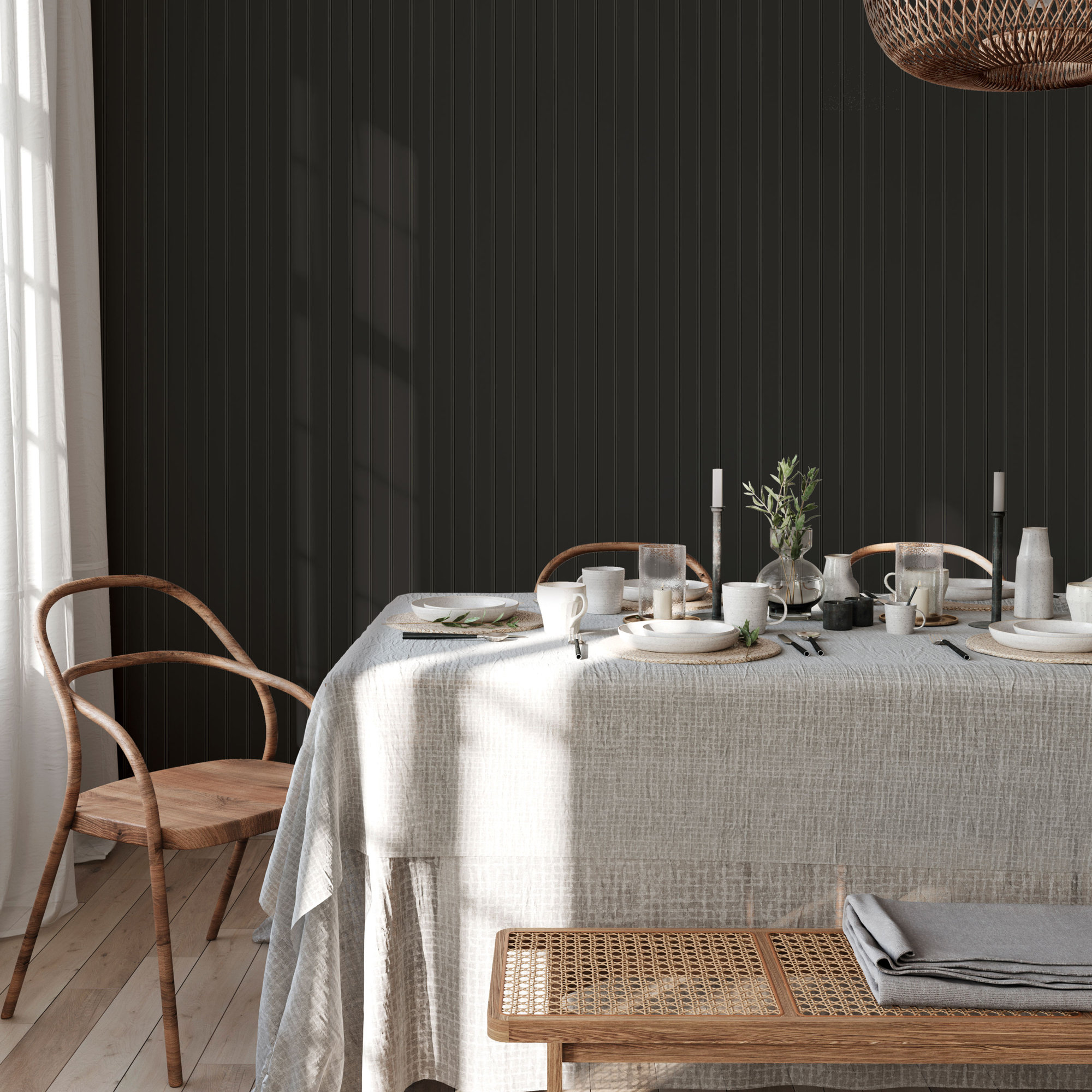 Beadboard Peel and Stick Wallpaper, Black