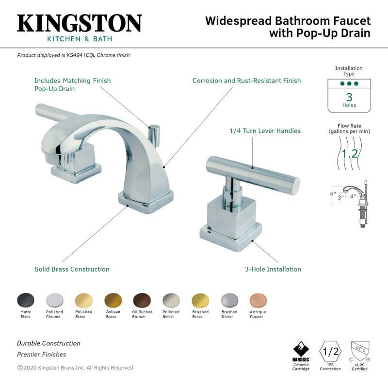 Kingston Brass Claremont Two-Handle 3-Hole Deck Mount Widespread Bathroom Faucet with Brass Pop-Up Drain, Antique Copper