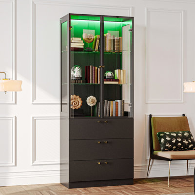 78.7" H 2-Door Glass Display Cabinet With 3 Drawers & Lighting by Wrought Studio