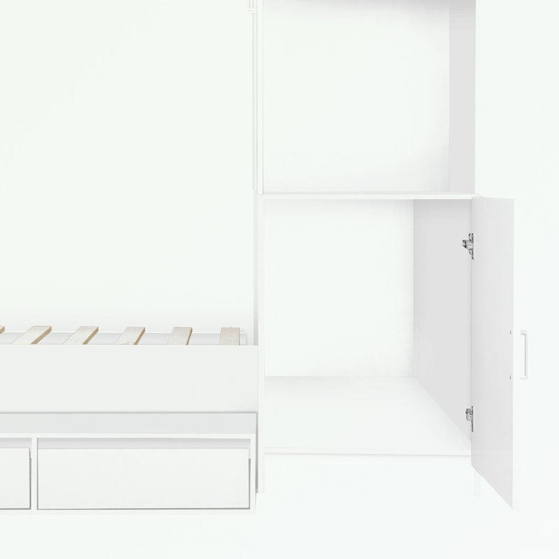 Lit plateforme double en bois avec 6 tiroirs, tablettes, bureau et garde-robe, Blanc