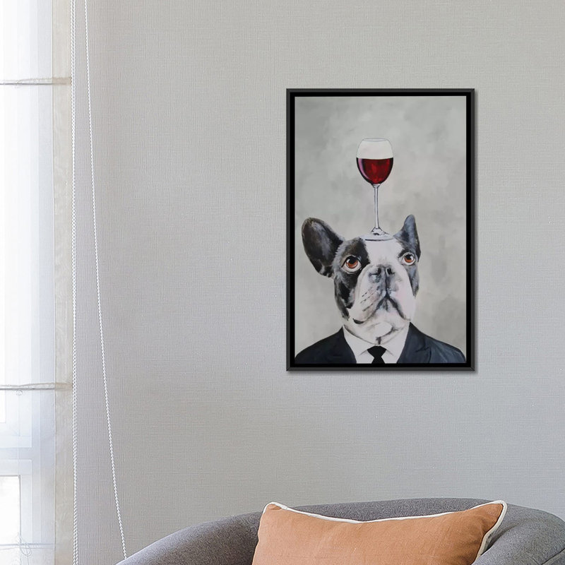 «French Bulldog with Wineglass», reproduction d'art sur toile, H 26 po x l 18 po x P 1,5 po, Toile avec cadre noir