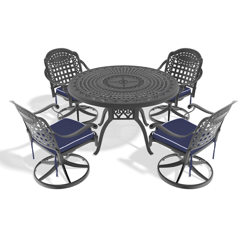 Ensemble de salle à manger 5 pièces en aluminium coulé résistant aux intempéries, comprenant 4 chaises pivotantes et une table ronde de 47,24 po avec structure noire