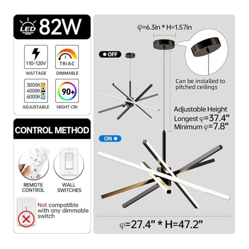 Luminaire suspendu moderne à intensité variable de lustre DEL de 31,5 po avec télécommande pour la salle à manger, le salon, la cuisine et la chambre Spoutnik