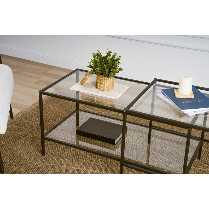 Ensemble de tables basses modernes (2 pièces), verre trempé noir et structure en métal, design industriel élégant, parfait pour le salon et le salon