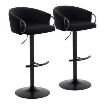 Tabouret de bar contemporain réglable avec pivot en métal noir et velours noir avec repose-pieds arrondi en T par - ensemble de 2
