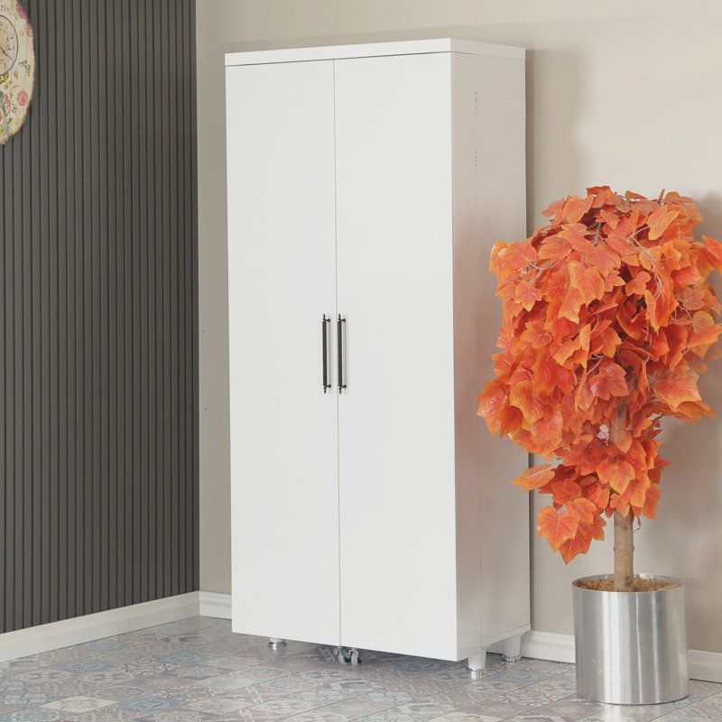 Versatile Multi-Purpose Cabinet, White, 31.5 x 70.9 x 16.5 inches | 100% Chipboard with Numerous Shelves | Wall-Mountable, Additional Storage, Easy Mobility with Wheels | Modern Design for Home & Office Use