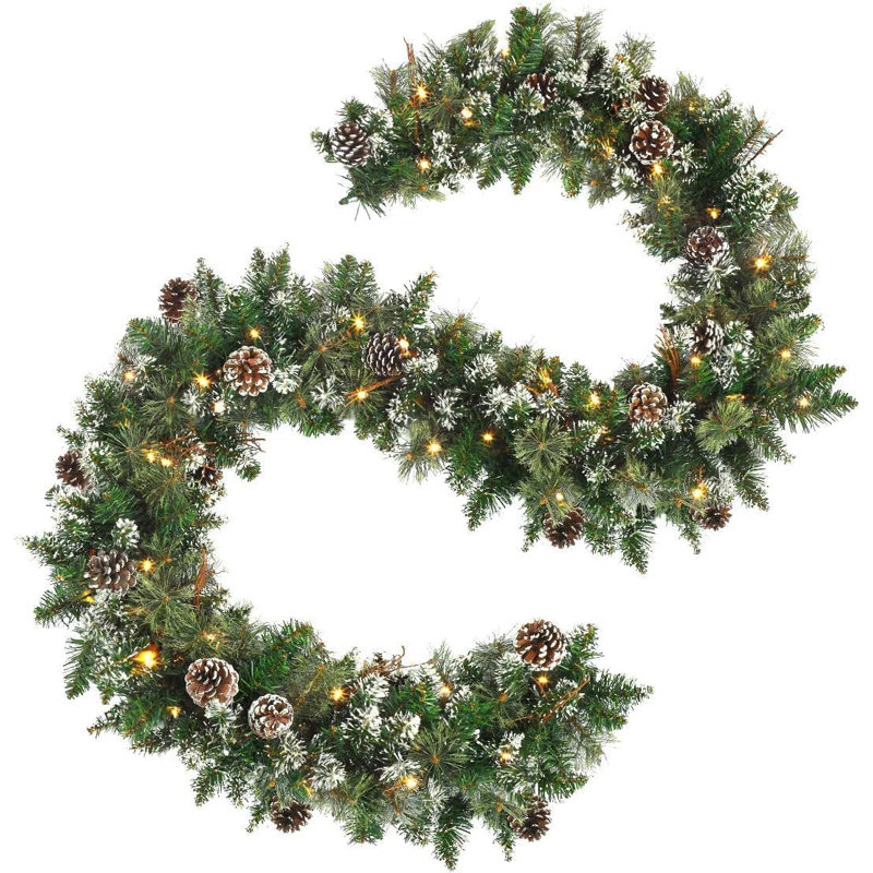270cm (9ft) Christmas Artificial Snowy Garland, Prelit with Warm LED Lights & Timer