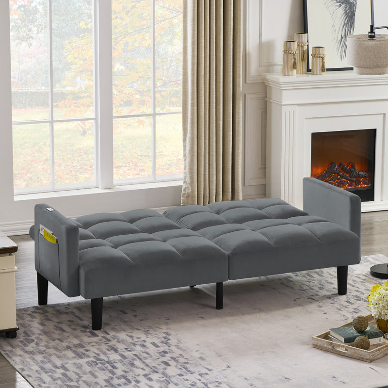 Velvet Futon Couch Convertible, Gris