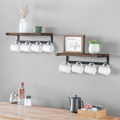 Support mural pour tasse à café avec crochets, paquet de 2 tablettes en bois, brun | Conception peu encombrante, de rangement et suspendue, convient aux ustensiles et aux canettes d'épices